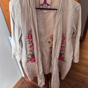 Johnny Was Cream Embroidered Floral Open Cardigan Linen Kimono